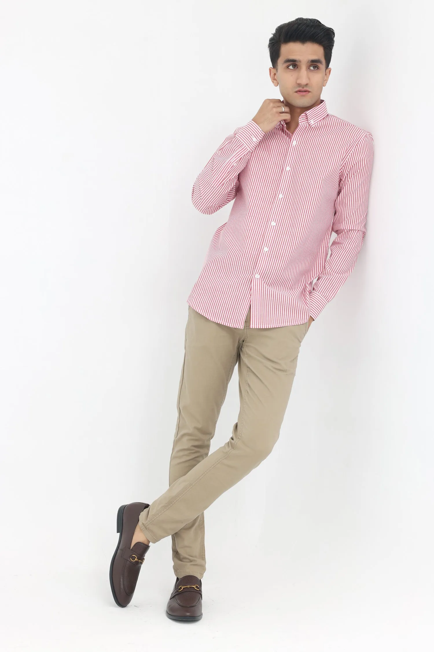 MODERN STRIPE BUTTON-UP-RED-WHT