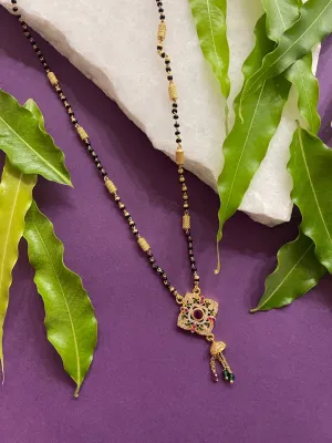 Modern Trendy Short Mangalsutra Designs AD Multicolour Square Pendant With Latkan Black Beads Chain