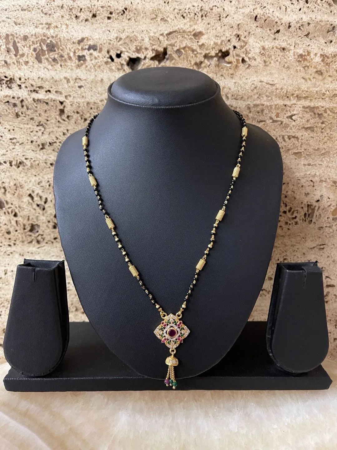 Modern Trendy Short Mangalsutra Designs AD Multicolour Square Pendant With Latkan Black Beads Chain