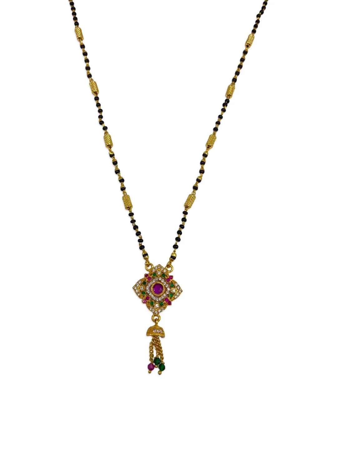 Modern Trendy Short Mangalsutra Designs AD Multicolour Square Pendant With Latkan Black Beads Chain