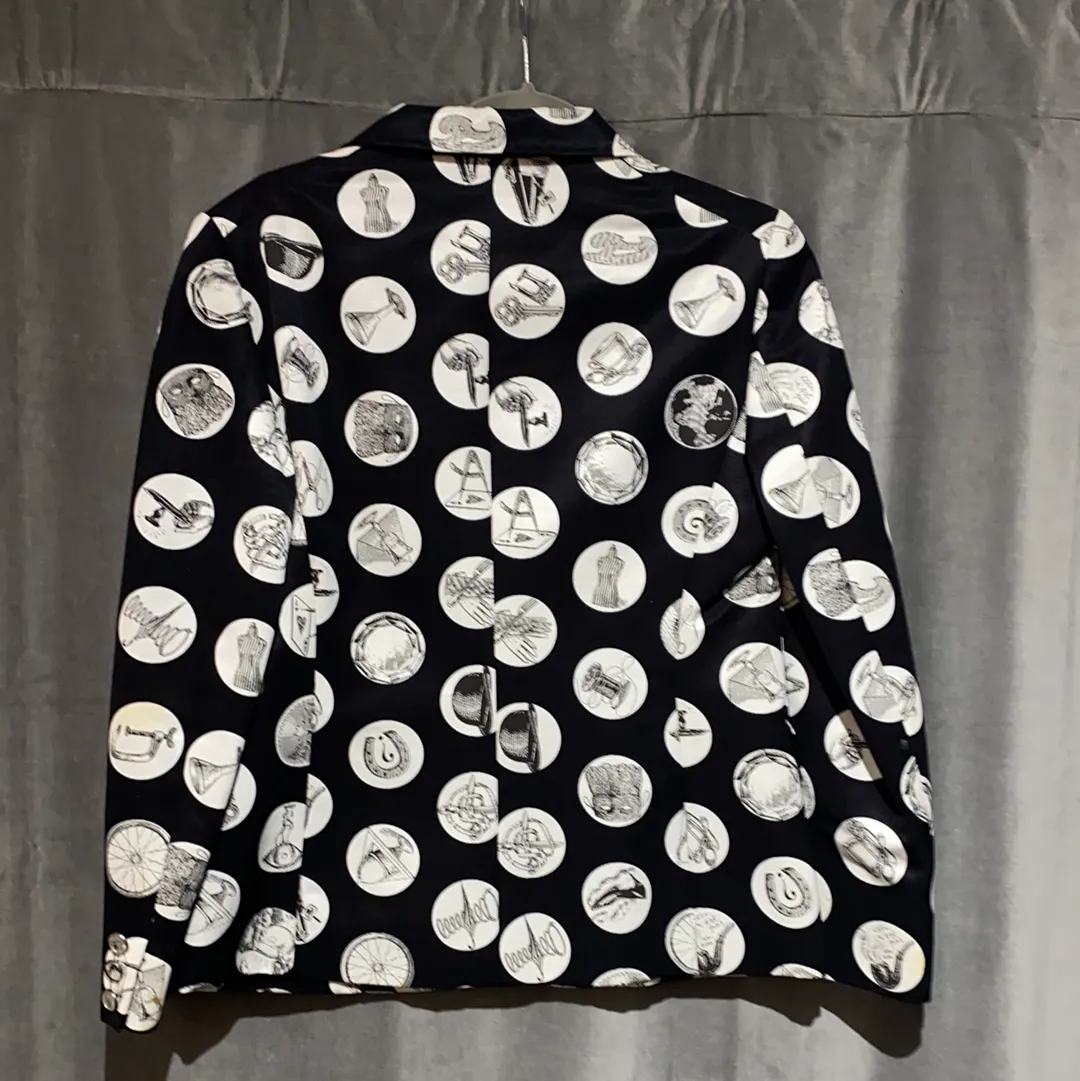 Moschino Black and White Polka Dot Printed Blazer Jacket with Exposed Stitching