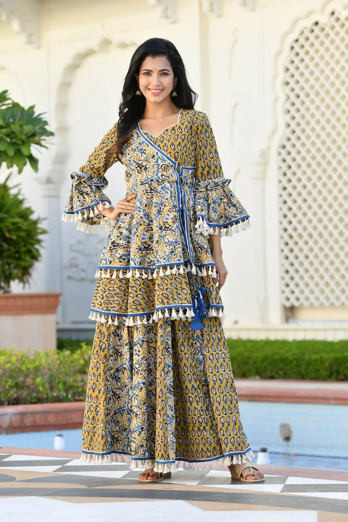 MULMUL DHIVYA AJRAKH PRINT SHARARA SET