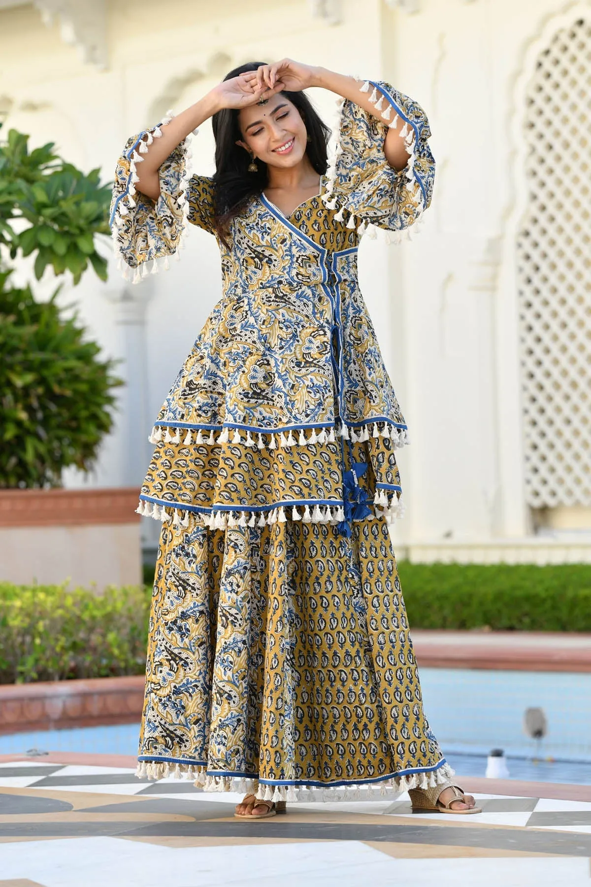 MULMUL DHIVYA AJRAKH PRINT SHARARA SET