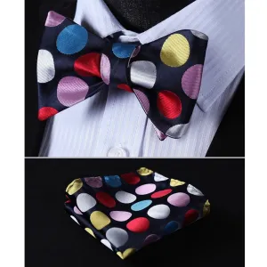 Multi Polka Dots Mens Silk Self tie Bow Tie with Pocket Squares Set