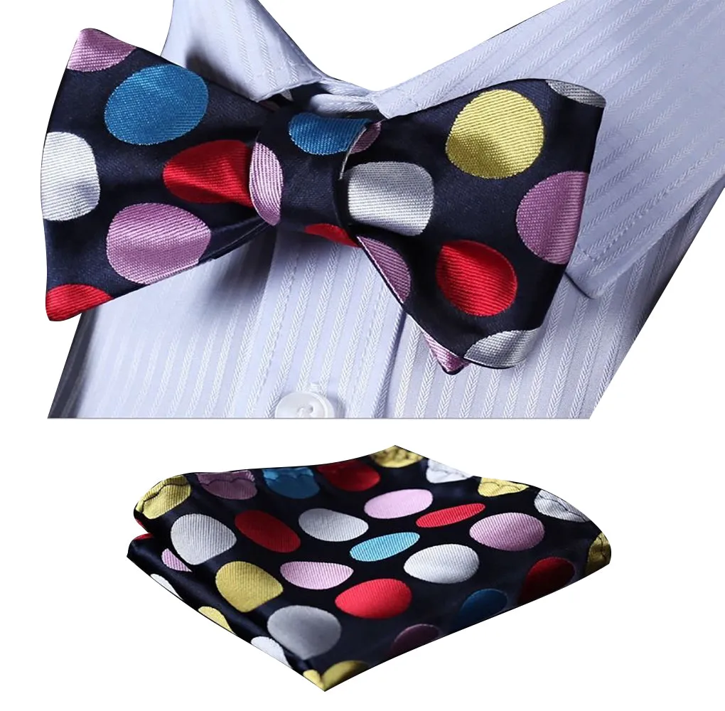 Multi Polka Dots Mens Silk Self tie Bow Tie with Pocket Squares Set