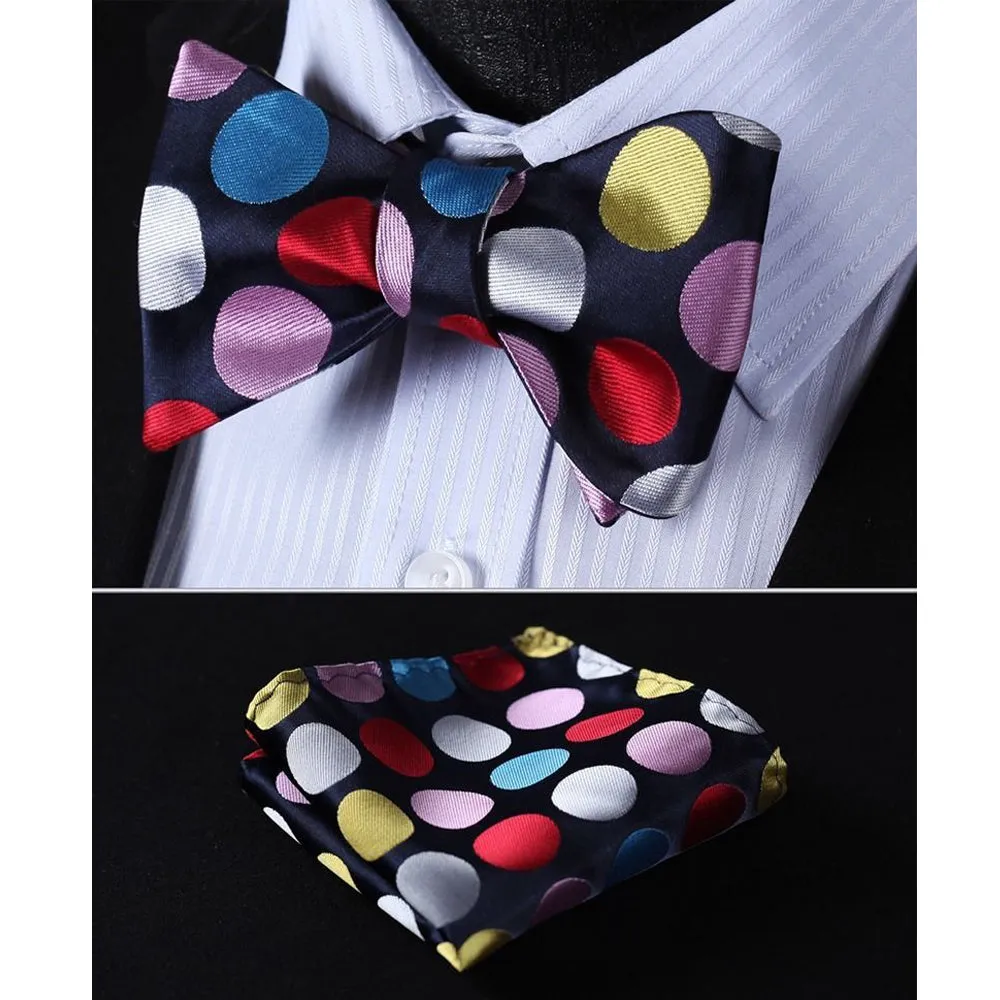 Multi Polka Dots Mens Silk Self tie Bow Tie with Pocket Squares Set