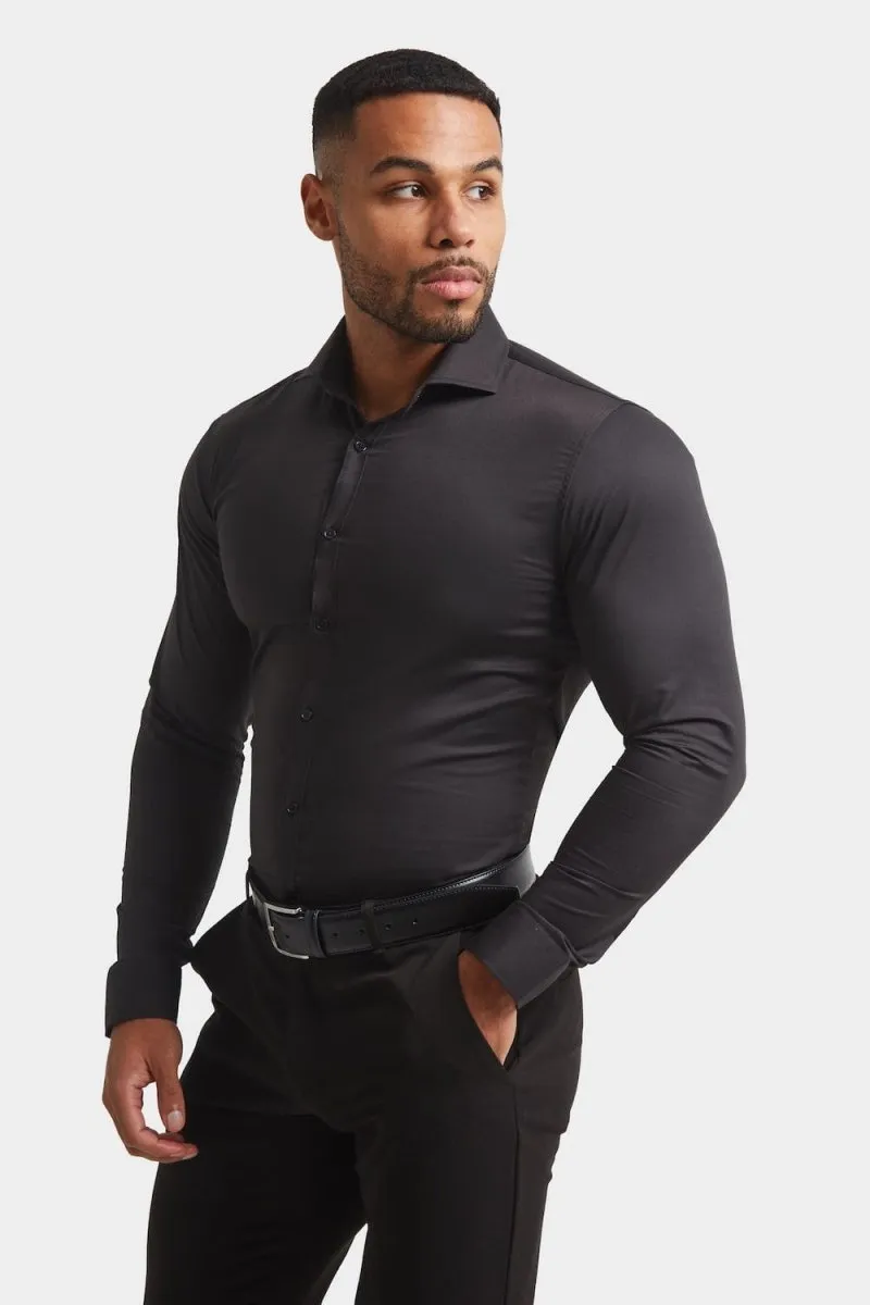 Muscle Fit Cutaway Collar Shirt in Black