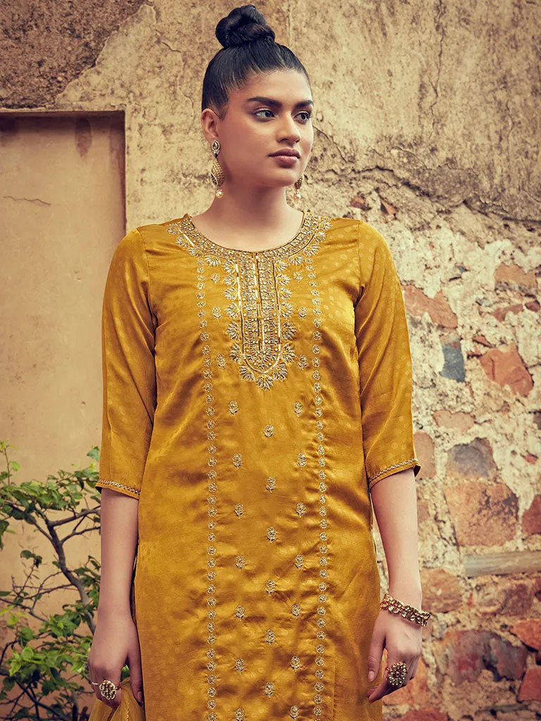 Mustard Embellished Silk Kurta With Silk Blend Pants And Net Embellished Dupatta