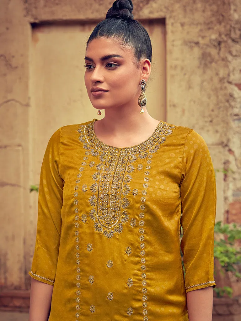 Mustard Embellished Silk Kurta With Silk Blend Pants And Net Embellished Dupatta