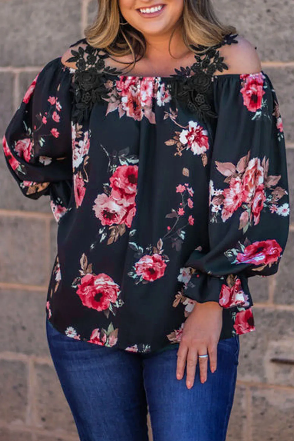 Navy Blue Plus Size Crochet Detail Cold shoulder Floral Blouse