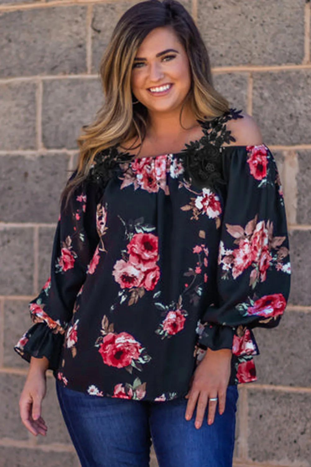 Navy Blue Plus Size Crochet Detail Cold shoulder Floral Blouse