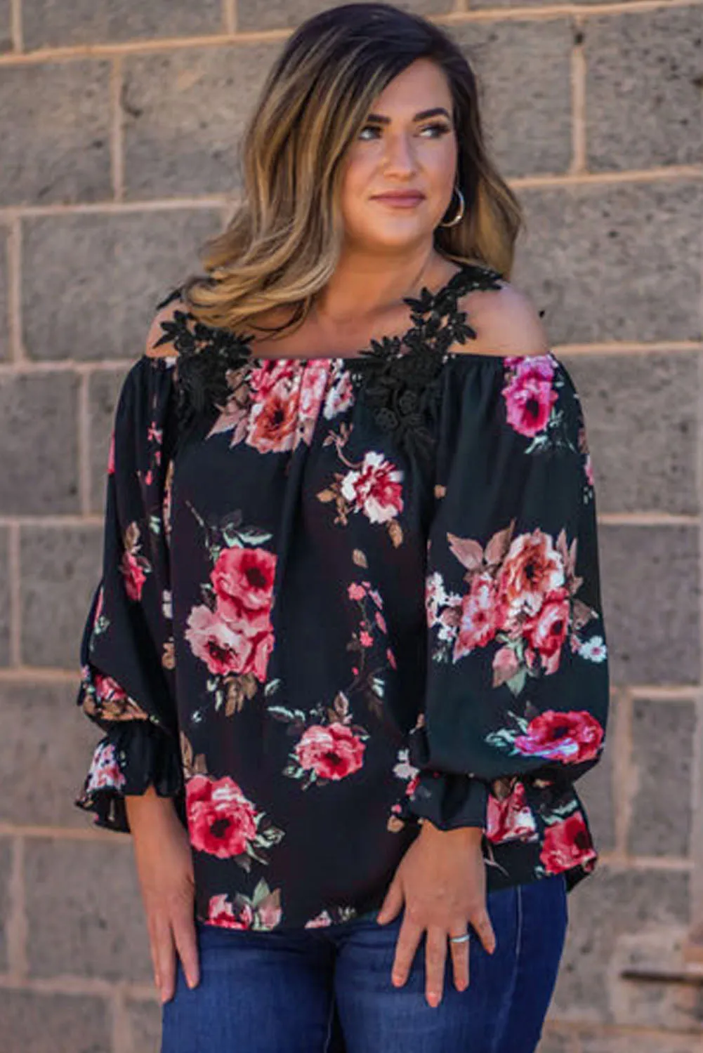 Navy Blue Plus Size Crochet Detail Cold shoulder Floral Blouse