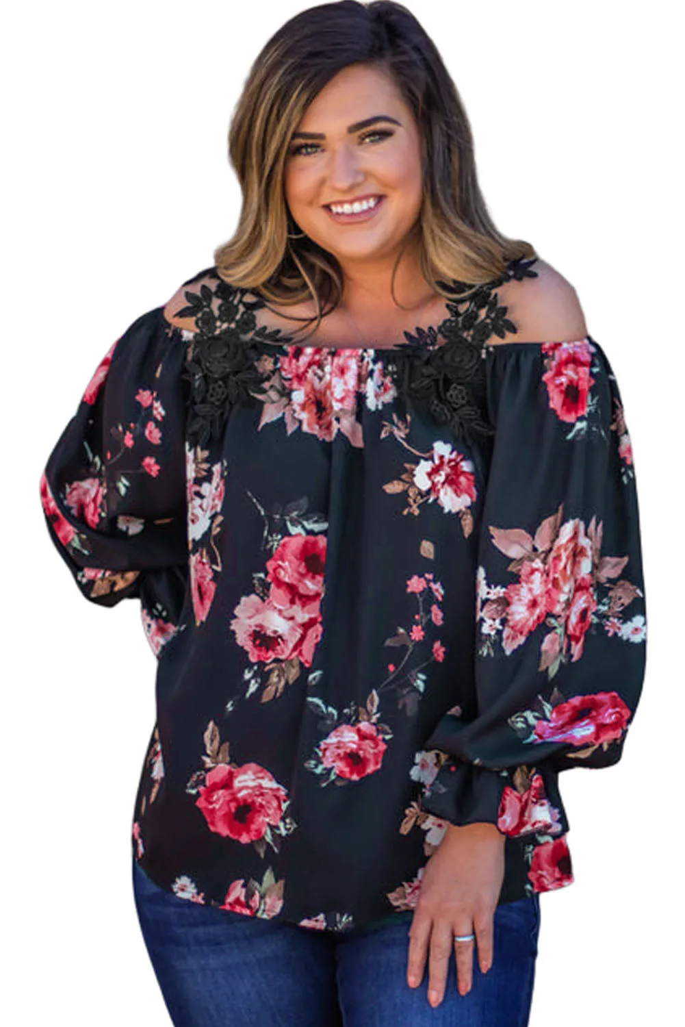 Navy Blue Plus Size Crochet Detail Cold shoulder Floral Blouse