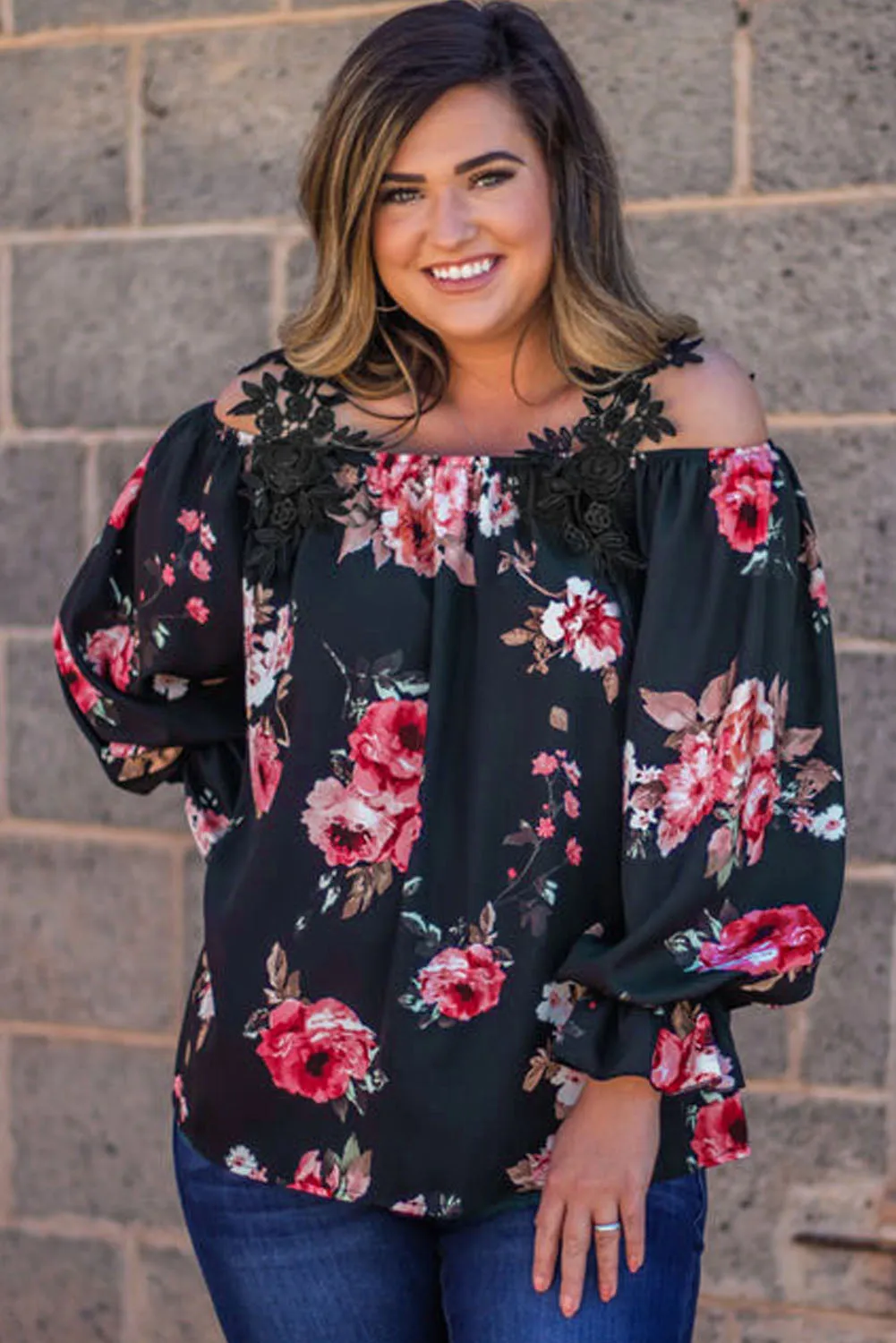 Navy Blue Plus Size Crochet Detail Cold shoulder Floral Blouse