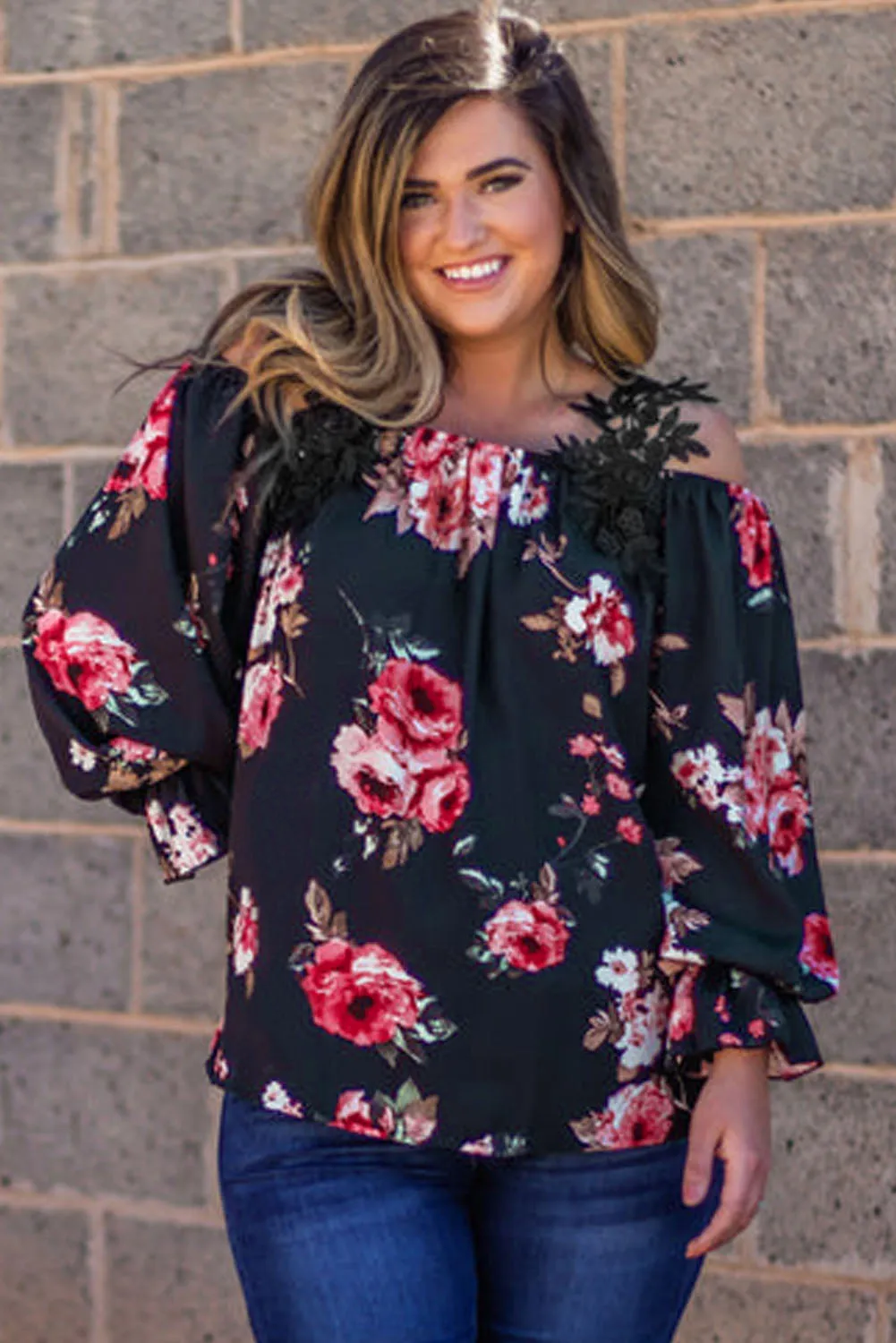 Navy Blue Plus Size Crochet Detail Cold shoulder Floral Blouse