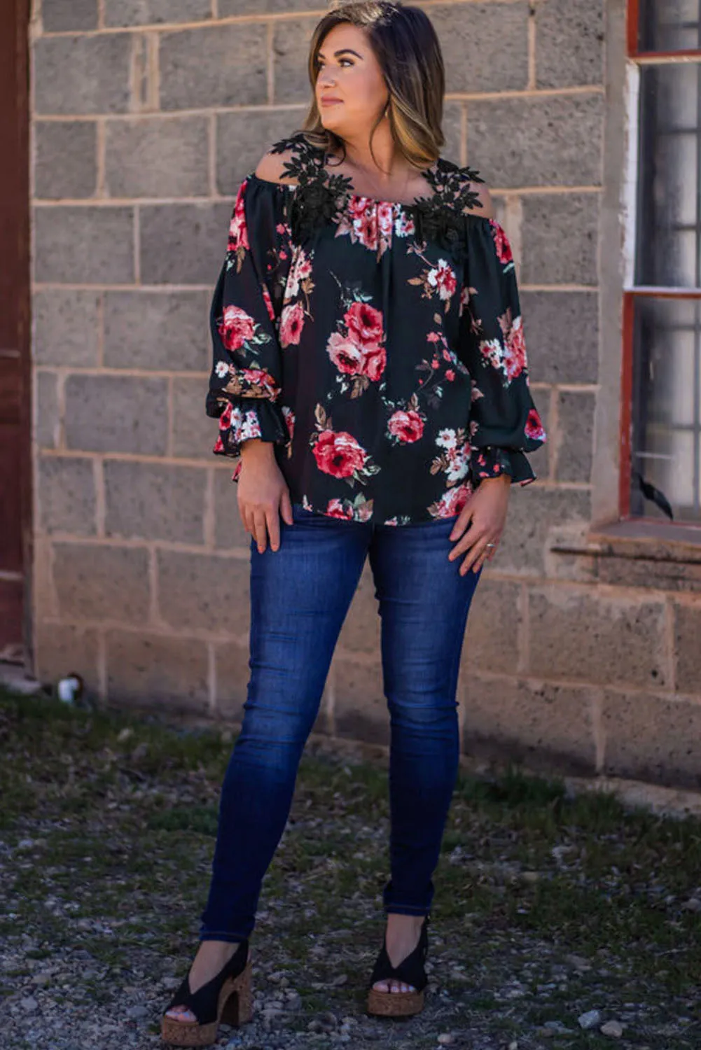 Navy Blue Plus Size Crochet Detail Cold shoulder Floral Blouse