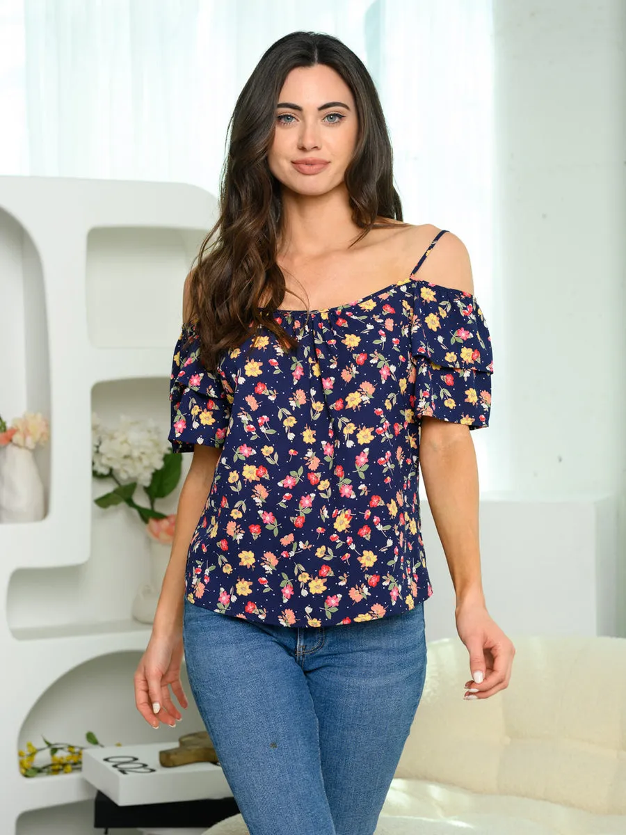 Navy RUFFLE FLORAL TOP