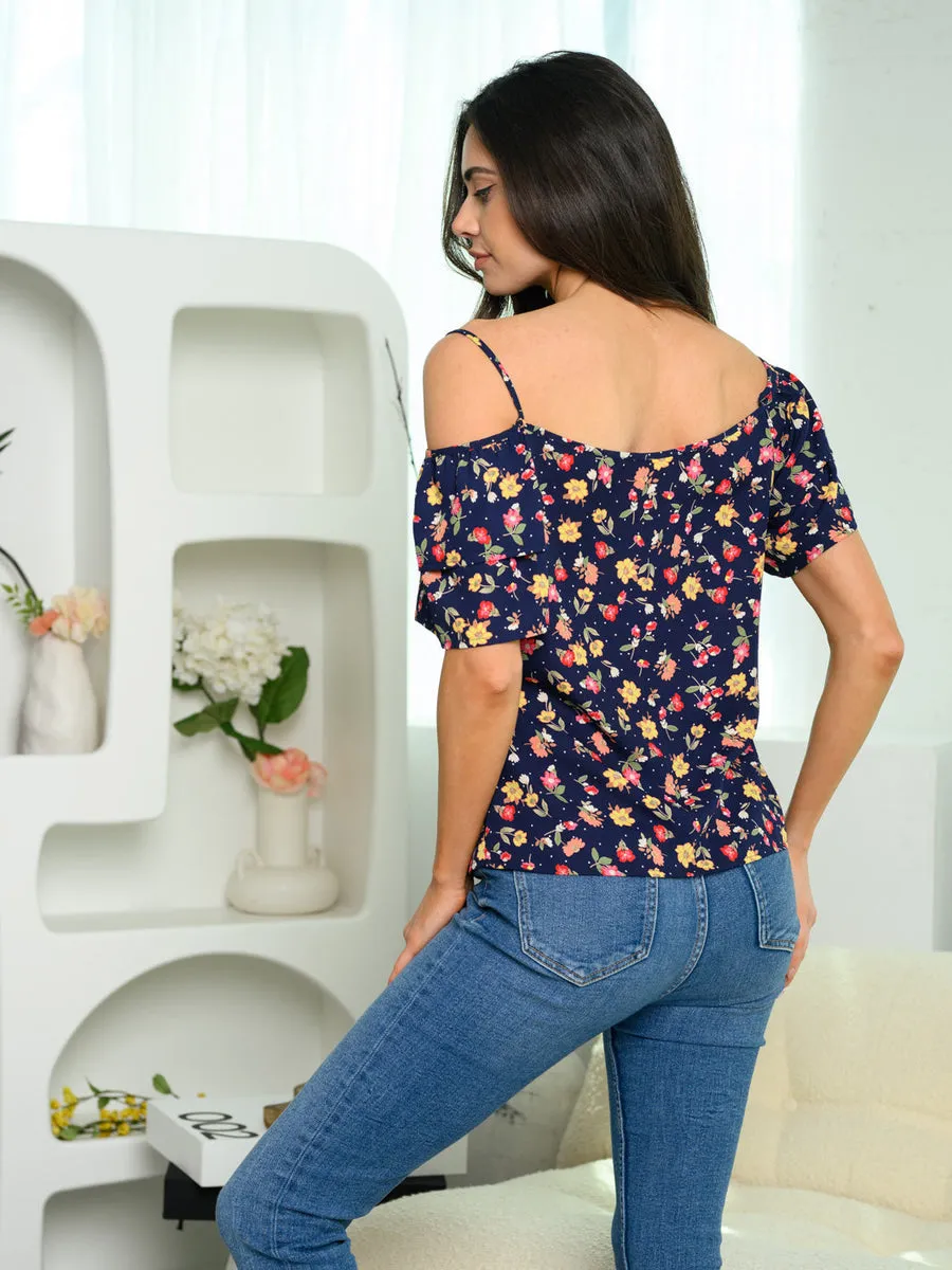 Navy RUFFLE FLORAL TOP