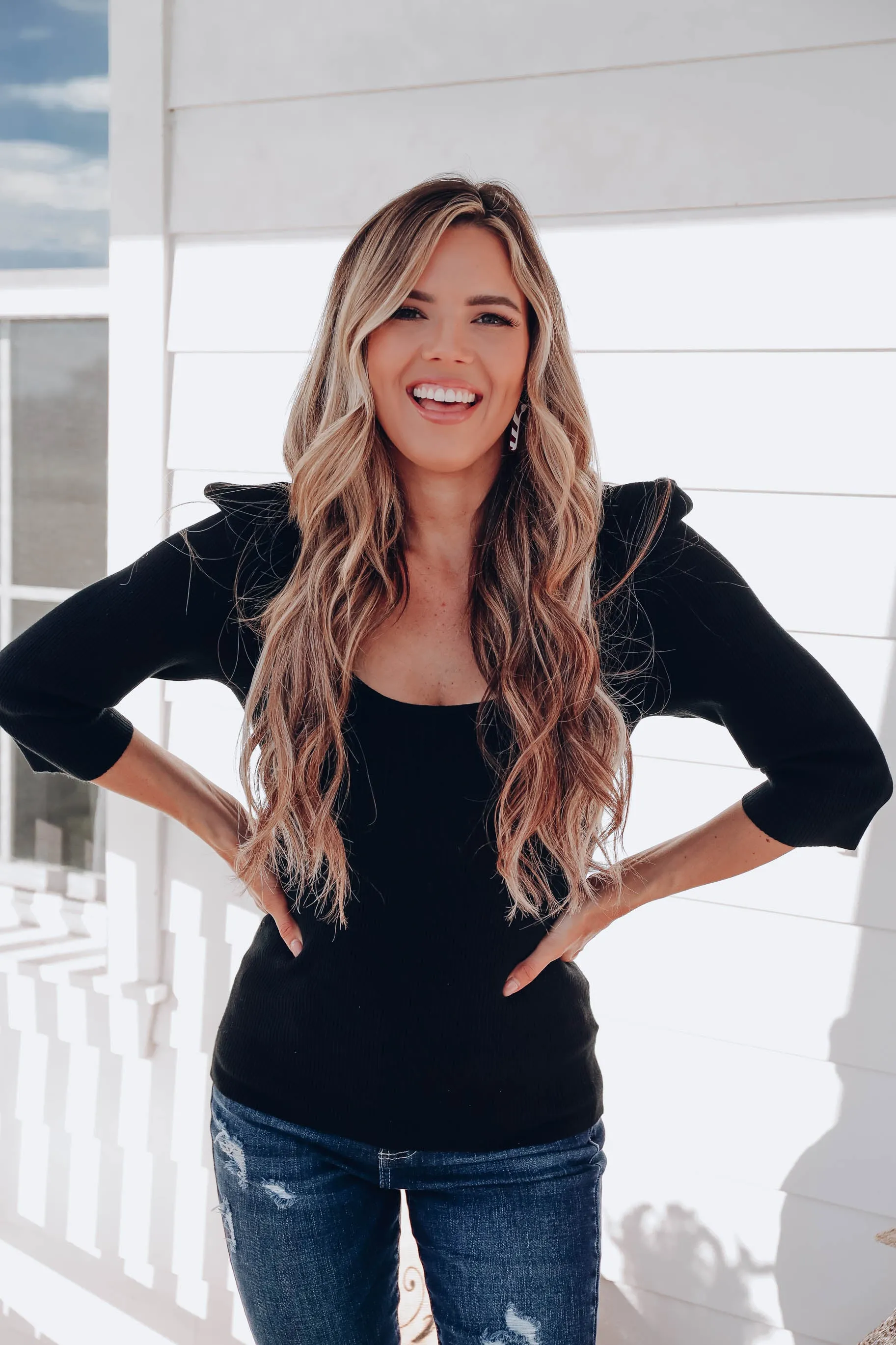 Nia Pleated Shoulder Top - Black