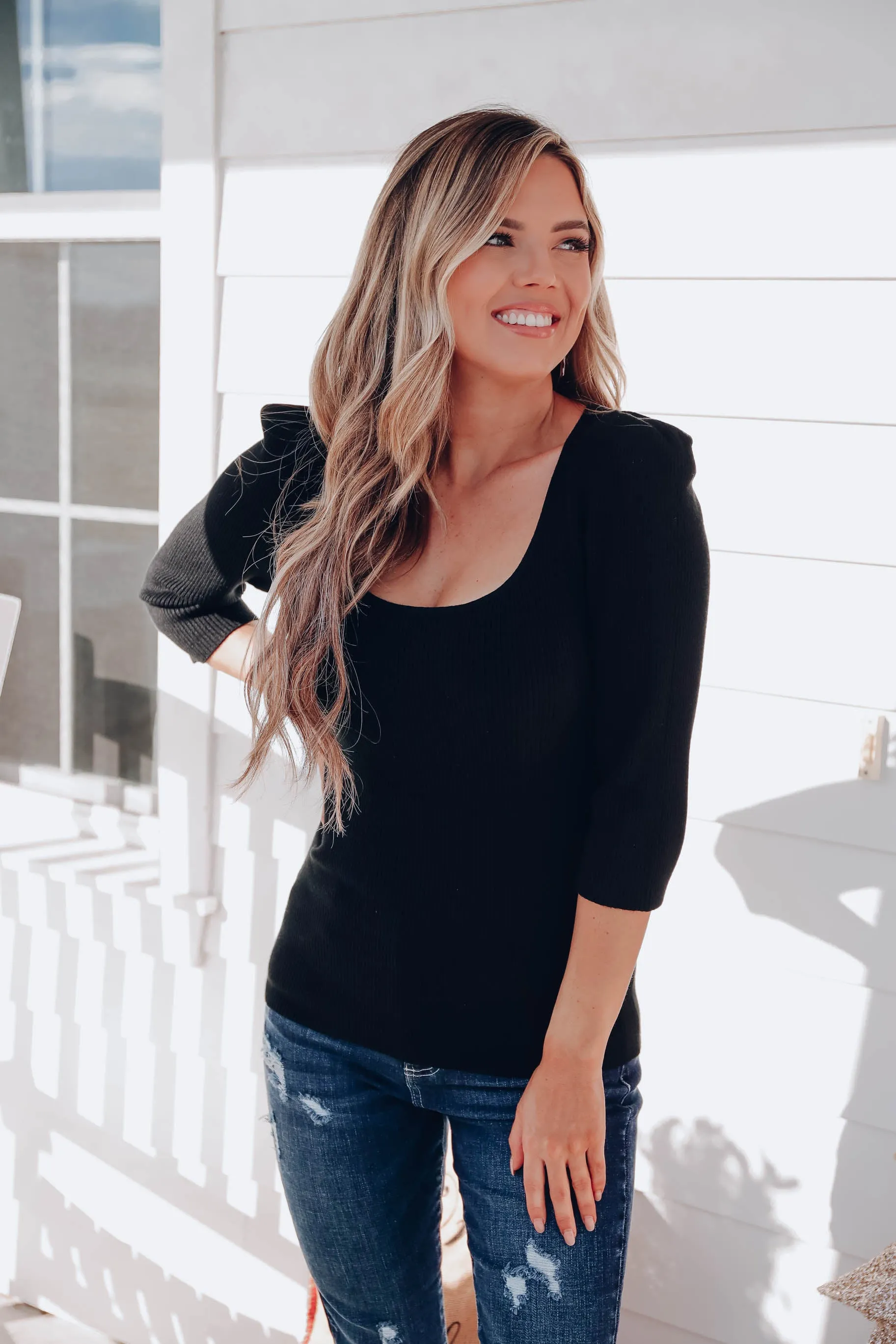 Nia Pleated Shoulder Top - Black