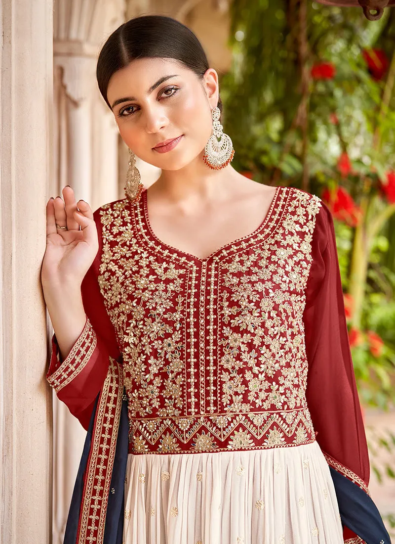 Off White And Red Embroidery Anarkali Style Palazzo Suit