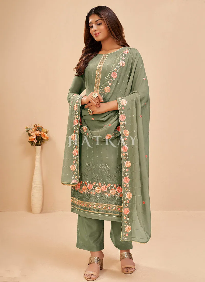 Olive Green Floral Embroidered Salwar Kameez Suit