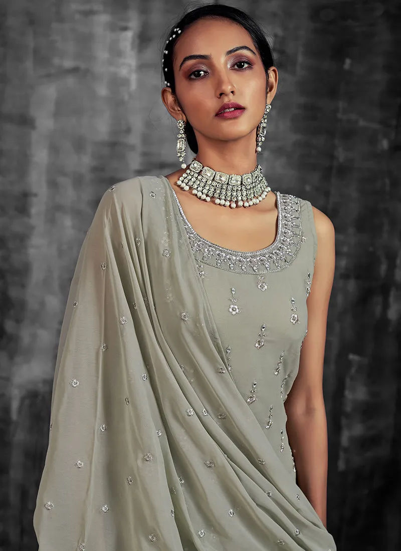 Olive Green Mirror Work Embroidery Georgette Gharara Suit