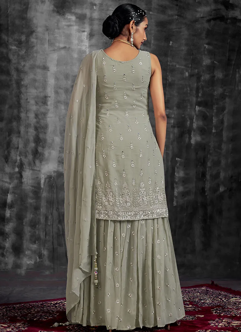 Olive Green Mirror Work Embroidery Georgette Gharara Suit