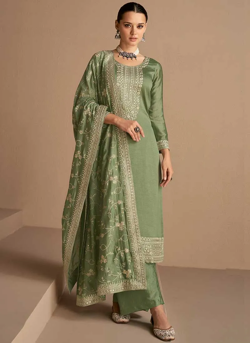 Olive Green Sequence Embroidery Salwar Kameez