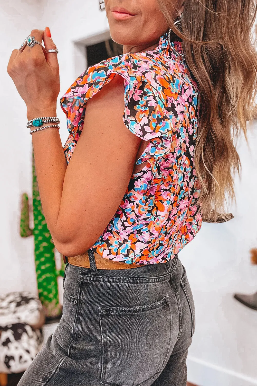 Orange Floral Print Flutter Sleeve Blouse Top