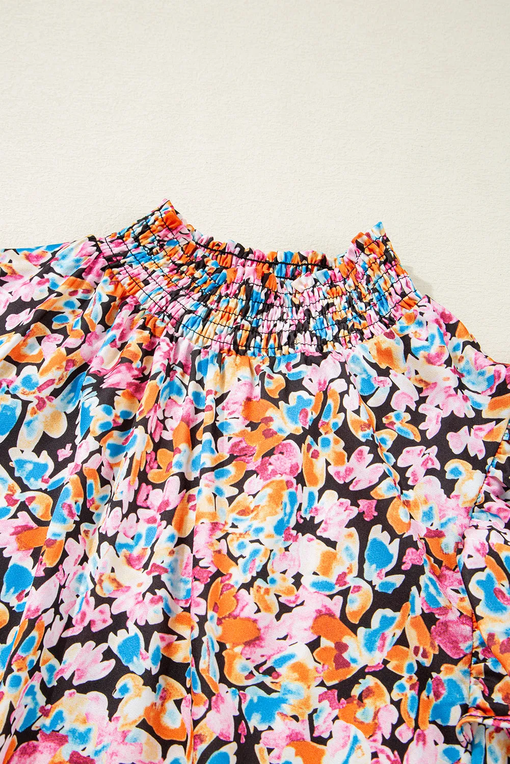 Orange Floral Print Flutter Sleeve Blouse Top