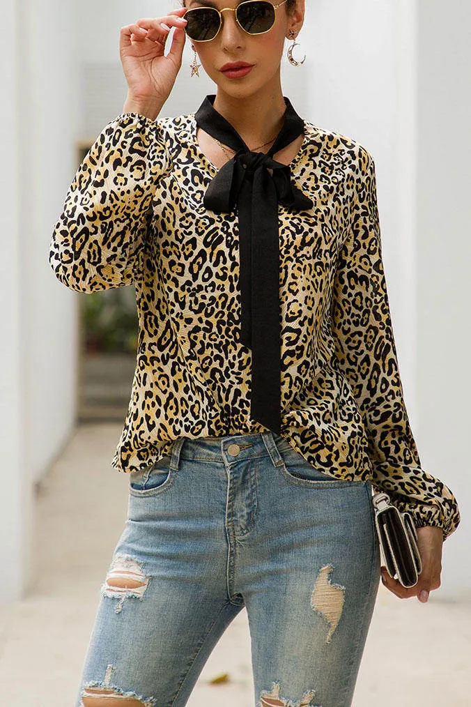 Original Design with Bow V-neck Long-sleeved Leopard Fashion Wild Ladies Shirt