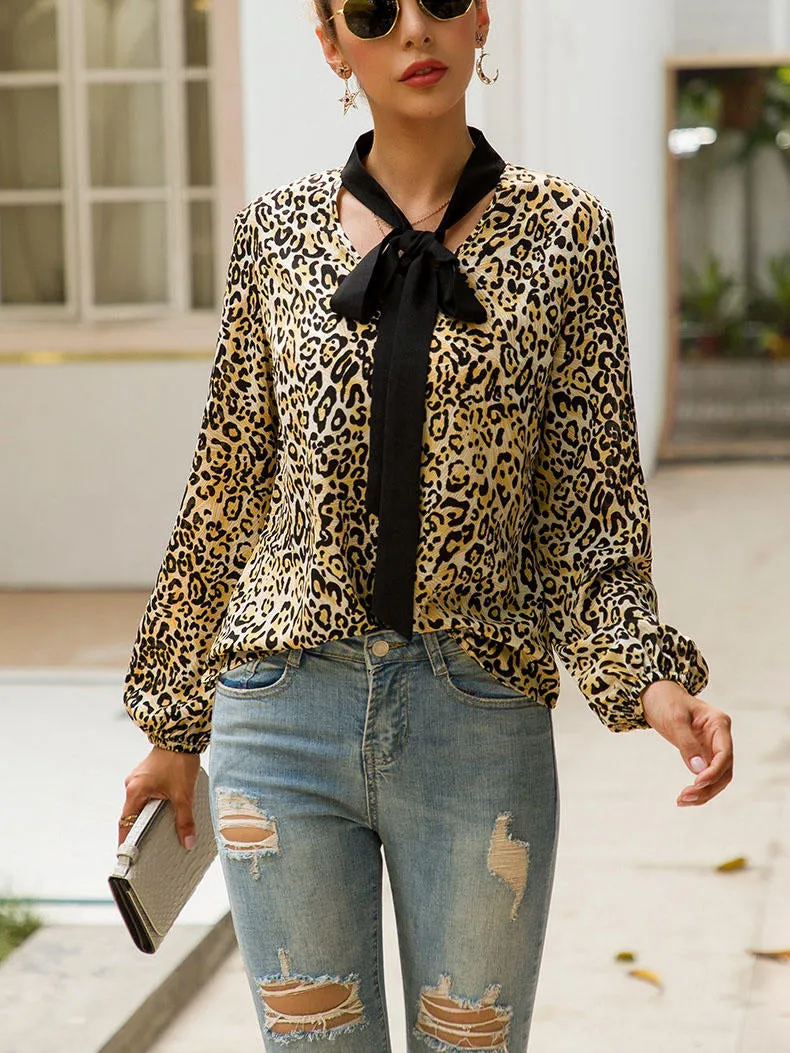 Original Design with Bow V-neck Long-sleeved Leopard Fashion Wild Ladies Shirt
