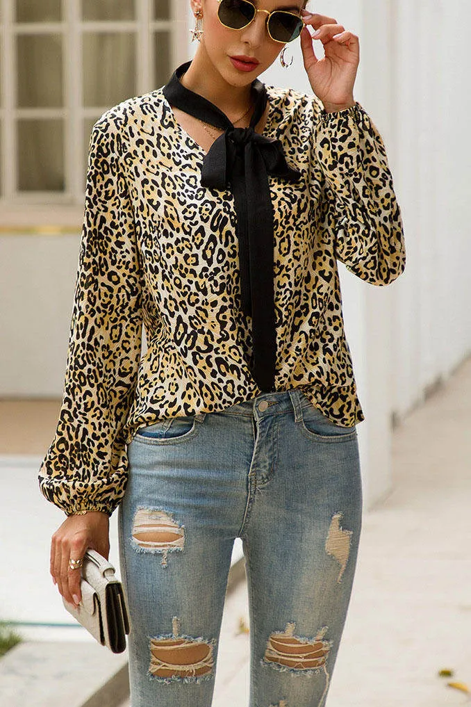 Original Design with Bow V-neck Long-sleeved Leopard Fashion Wild Ladies Shirt
