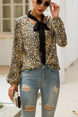 Original Design with Bow V-neck Long-sleeved Leopard Fashion Wild Ladies Shirt