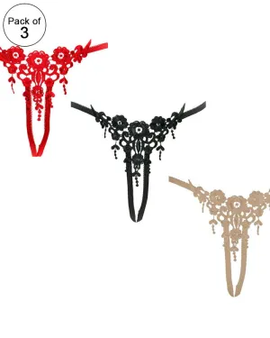 Pack of 3 - 2018 New Sexy Lingerie Women Fashion Transparent Panties Ladies - Lace Sexy Thong