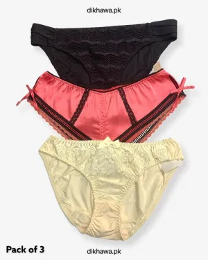 Pack of 3 Imported Stocklot Branded Net Panty With Silk Mid Waist Hipster Panty With Lace Panty