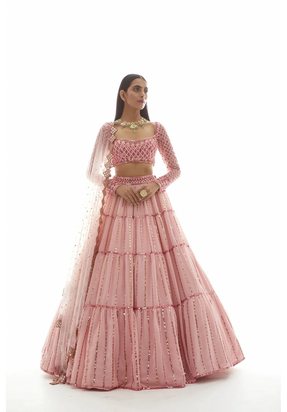 Peach Applique Tier Lehenga Set