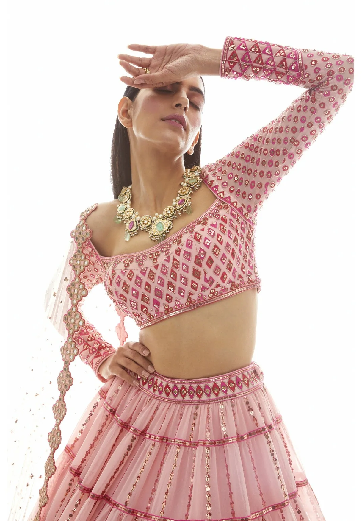 Peach Applique Tier Lehenga Set