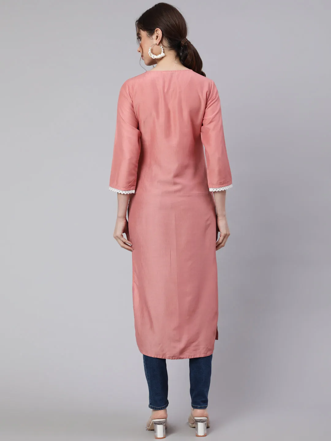 Peach Chikankari Straight Kurta