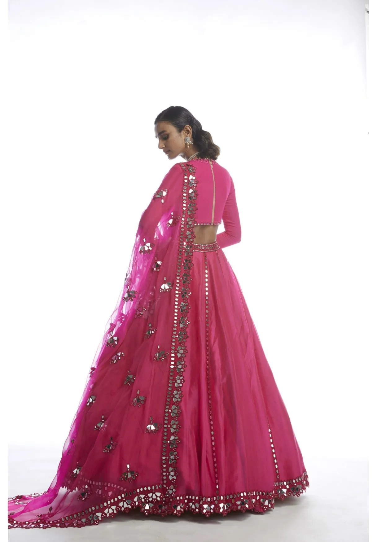 Peacock Pink Mirror Cut-Work Lehenga Set