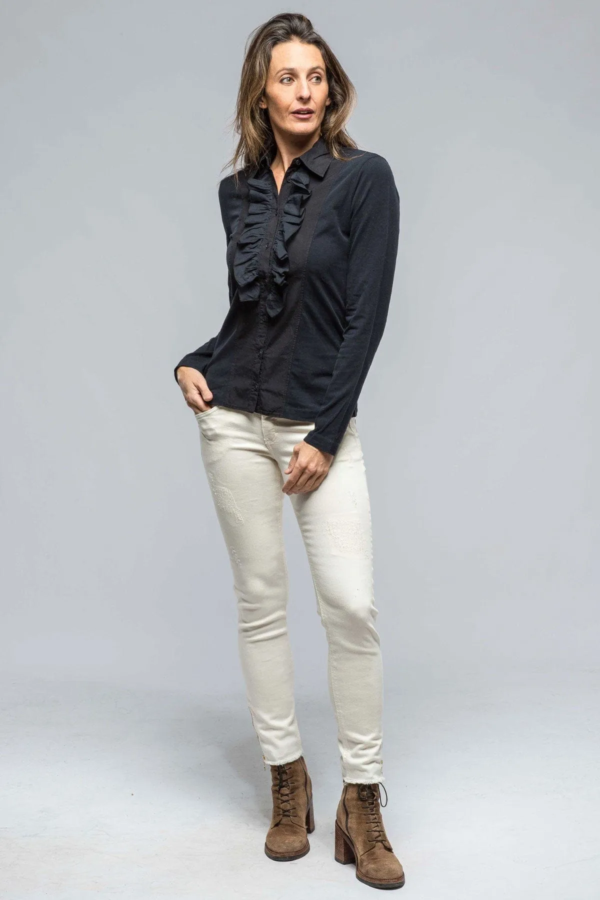 Pennelope Ruffle Front Shirt In Navy