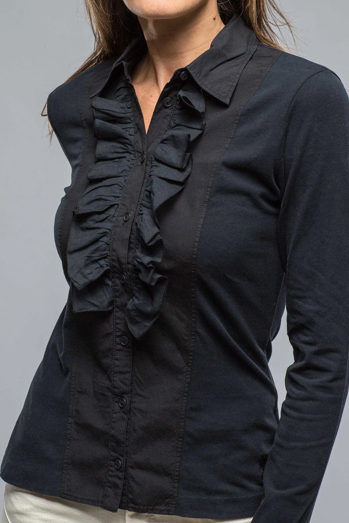 Pennelope Ruffle Front Shirt In Navy
