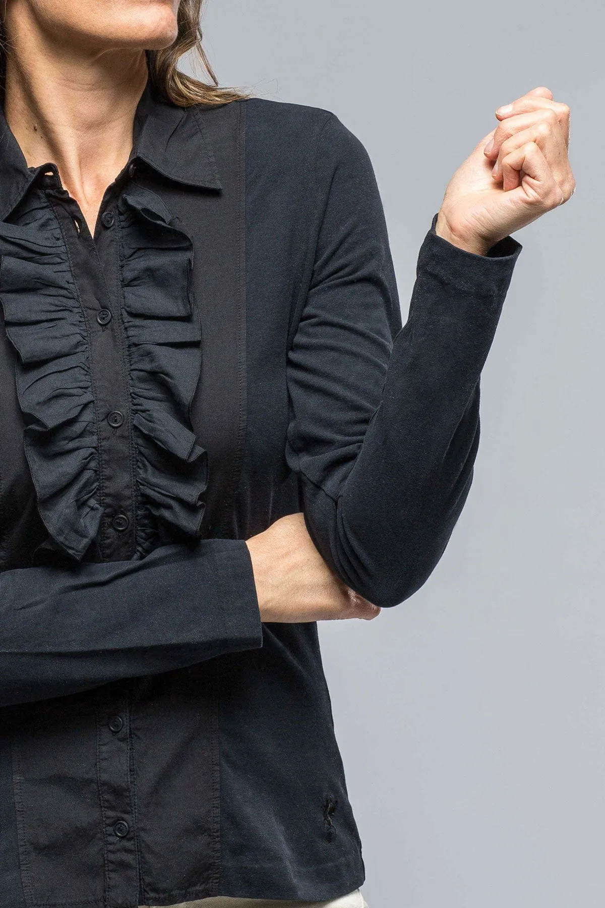 Pennelope Ruffle Front Shirt In Navy