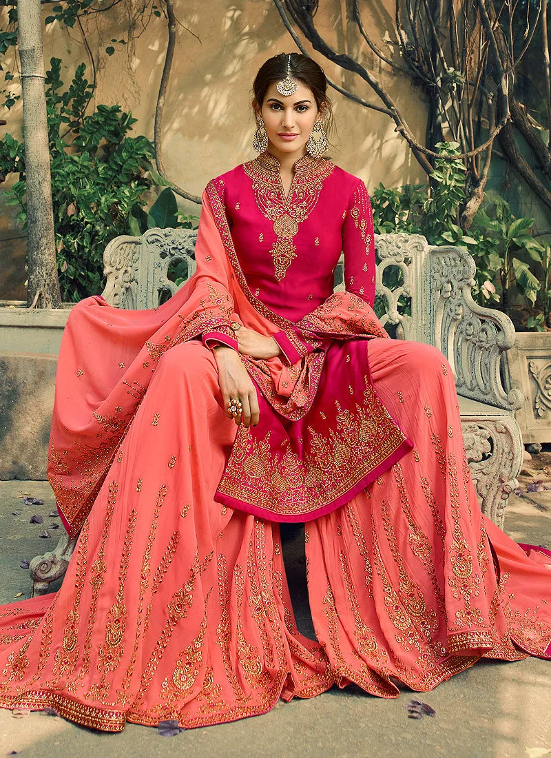 Pink And Orange Embroidered Gharara Suit