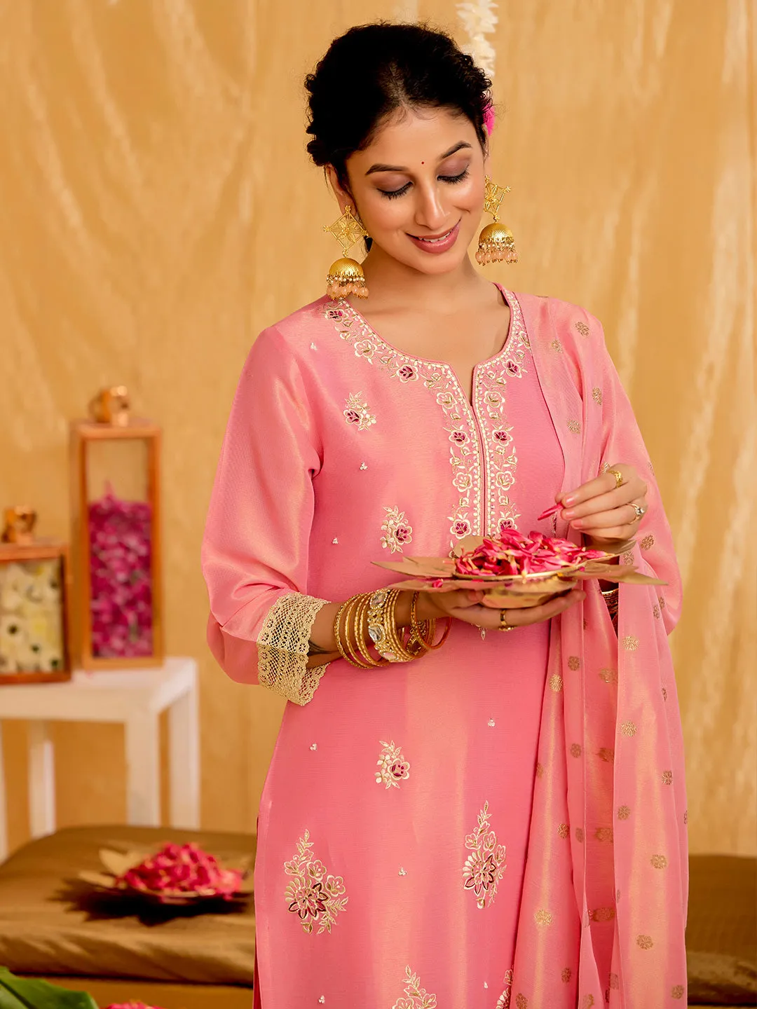Pink Floral Zardozi Work Kurta Set With Dupatta