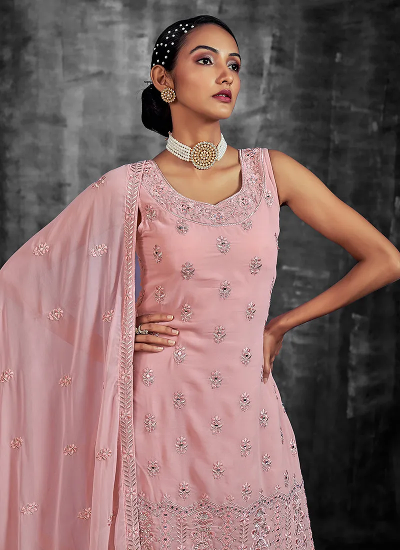 Pink Mirror Work Embroidery Georgette Gharara Suit