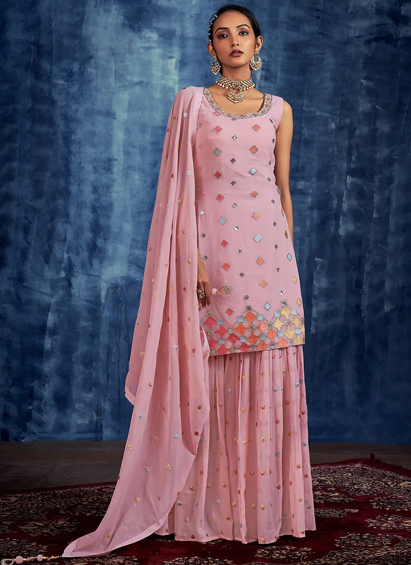Pink Multi Embroidery Designer Gharara Style Suit