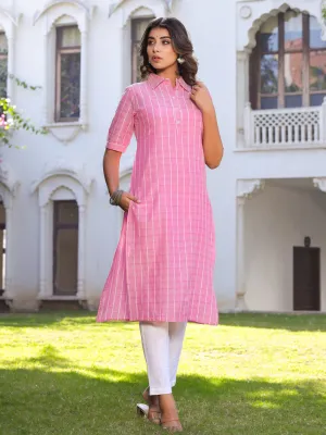 Pink Self Weave Straight Cotton Blend Kurta With Pant