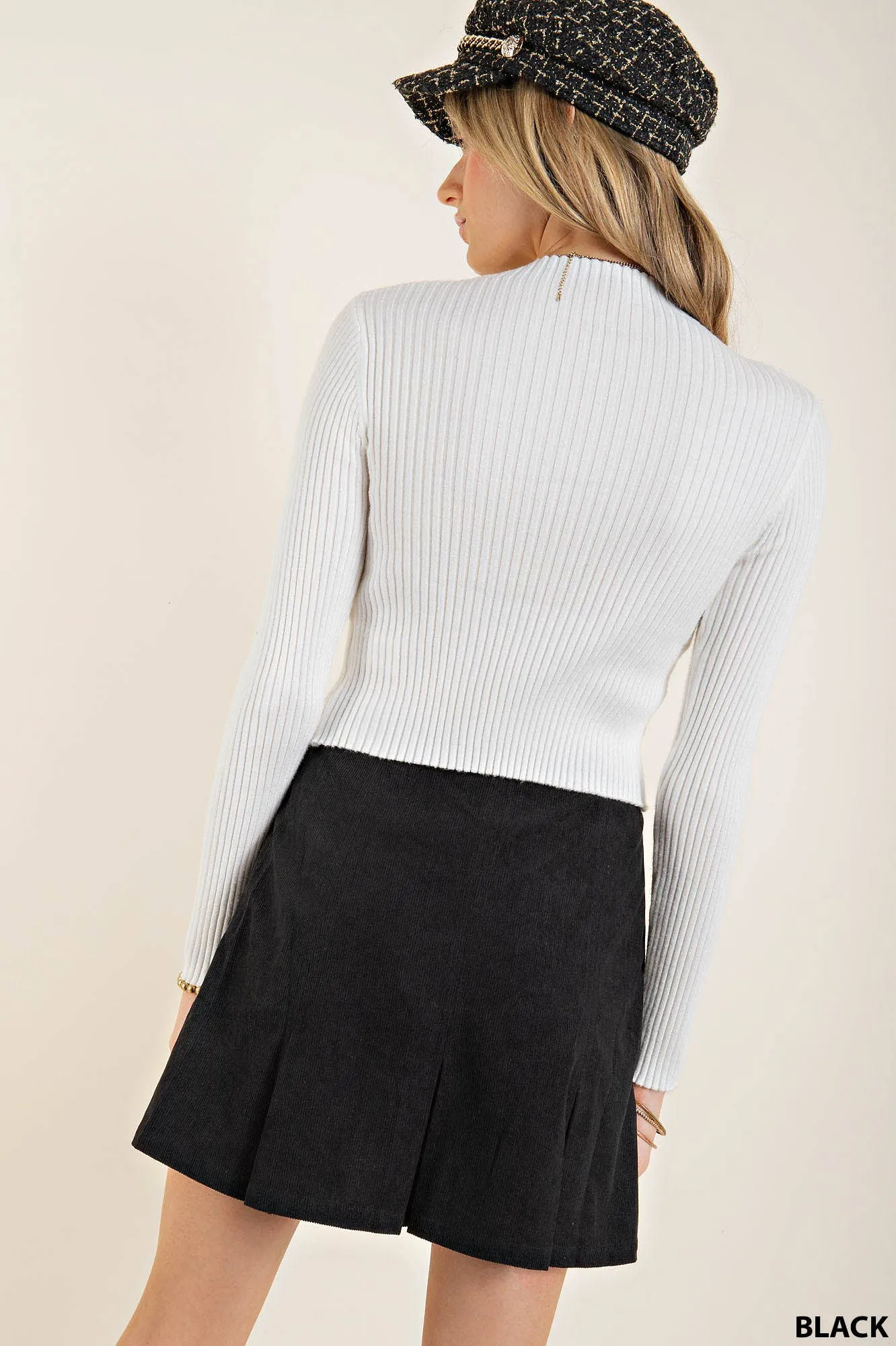Pleated Corduroy Mini Skirt (Black)